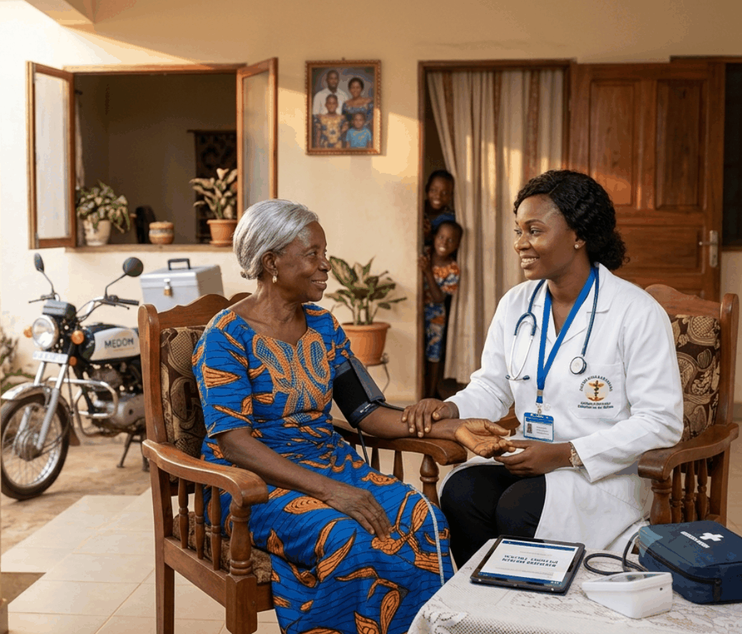 Une médecin de MEDOM BENIN prenant la tension d'une patiente âgée à son domicile